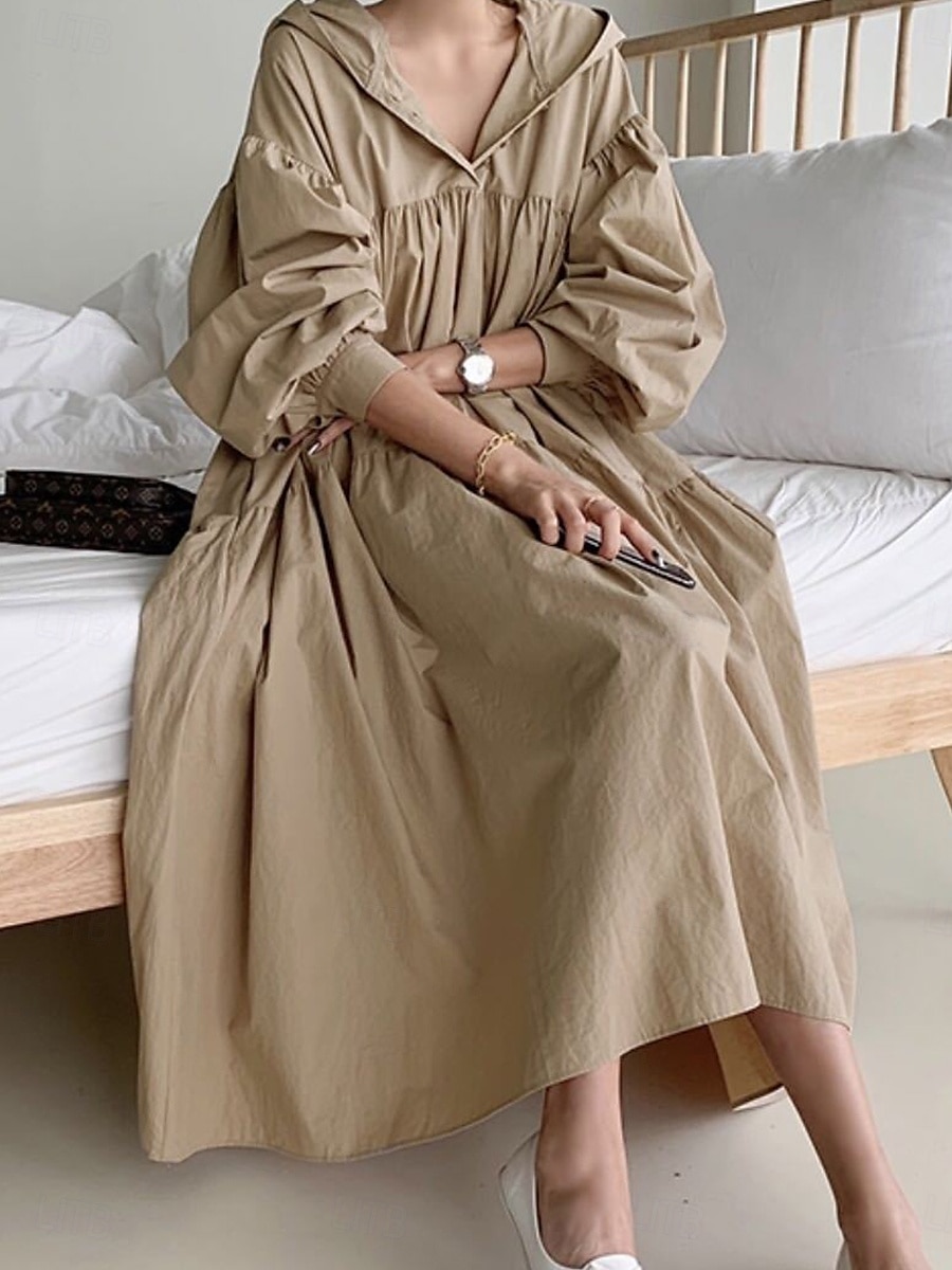 Damen Maxikleid Leinen-inspirierte Kleider Hemdblusenkleid Basic Lässig Urlaub Täglich Normale Passform Einfach Langarm Mit Kapuze Schwarz Khaki Frühling Herbst 2025 - $36.99 –P2