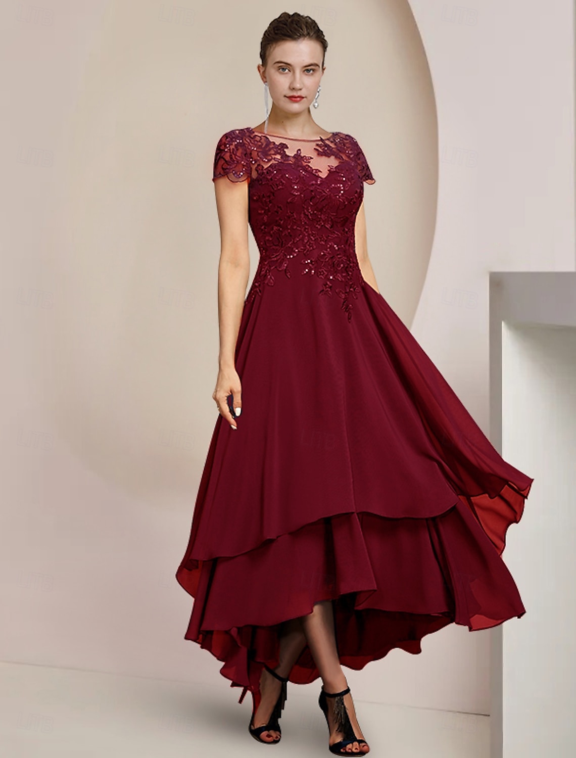 A-Line Mother of the Bride Dress Formal Wedding Guest Elegant High Low Scoop Neck Asymmetrical Tea Length Chiffon Lace Short Sleeve with Sequin Appliques free custom size 2025 - $167.99 –P8