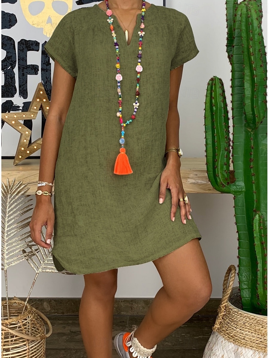 Femmes Mini Robe Robes en coton et lin Robe Décontractée Basique Occasionnel Vacances Quotidien Coupe régulière Uni Manche Courte Encolure en V Noir Blanche Jaune Vert Véronèse Été de 2025 ? $22.99 –P9