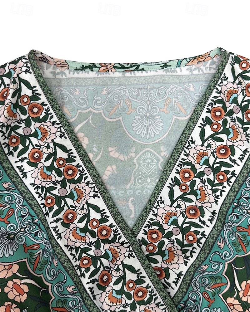 Dam Långklänning Maxiklänning Vardagsklänning A linjeklänning Sommarklänning Boho-klänning Elegant Hawaiisk Stylish Semester Dagligen Datum Normal Blommig Kortärmad V-hals Grön Sommar 2025 - $26.99 –P9