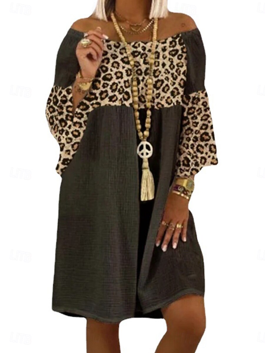 Women's Midi Dress Faux Cotton Linen Sundress Casual Dress Vintage Stylish  Casual Daily Vacation Regular Fit Leopard Long Sleeve Off Shoulder Black  Spring Fall 2026 - $18.49