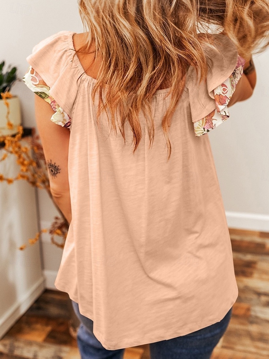 Dame Camisole Tank Top Blomstrete Stilfull Uformell Kort Erme Fyrkantet Hals Regulære Topper Daglig Rynkete Trykk Rosa Lilla Lys Grå Sommer 2025 - $16.99 –P9