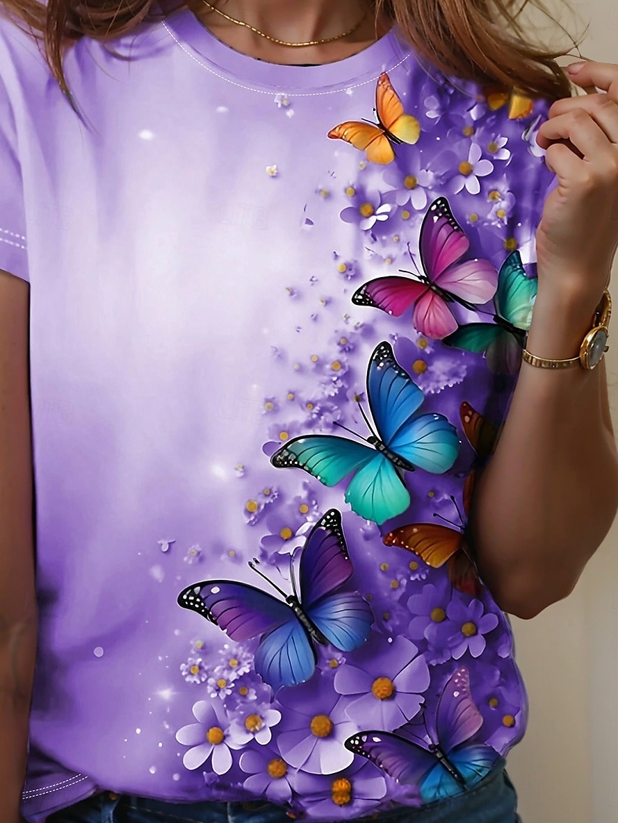 Women's T Shirt Butterfly Casual Short Sleeve Round Neck Regular Tops Daily Print Purple Summer 2025 - $19.99 –P3