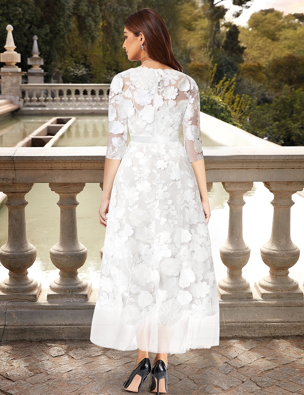 Abiti da Sposa A-Line Scollo a V Maniche Lunghe Con Applicazioni Floreali 3D Cintura in Satin Lunghezza Caviglia Tulle Abiti da Sposa del 2025 a $213.99 –P2