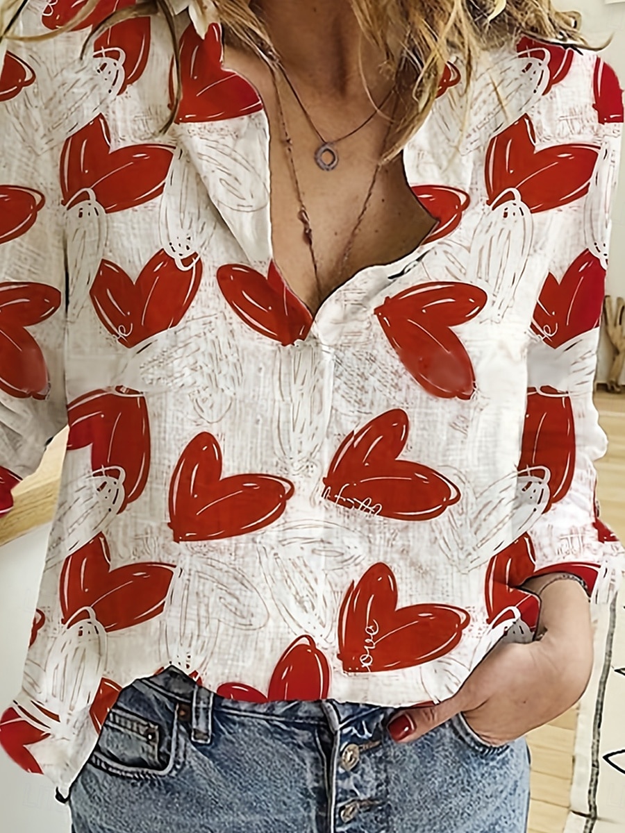Camisa de mujer corazón diaria estilosa de manga larga con cuello de camisa tops largos diarios para salir botones estampados rojos verano primavera 2025 - $32.99 –P3