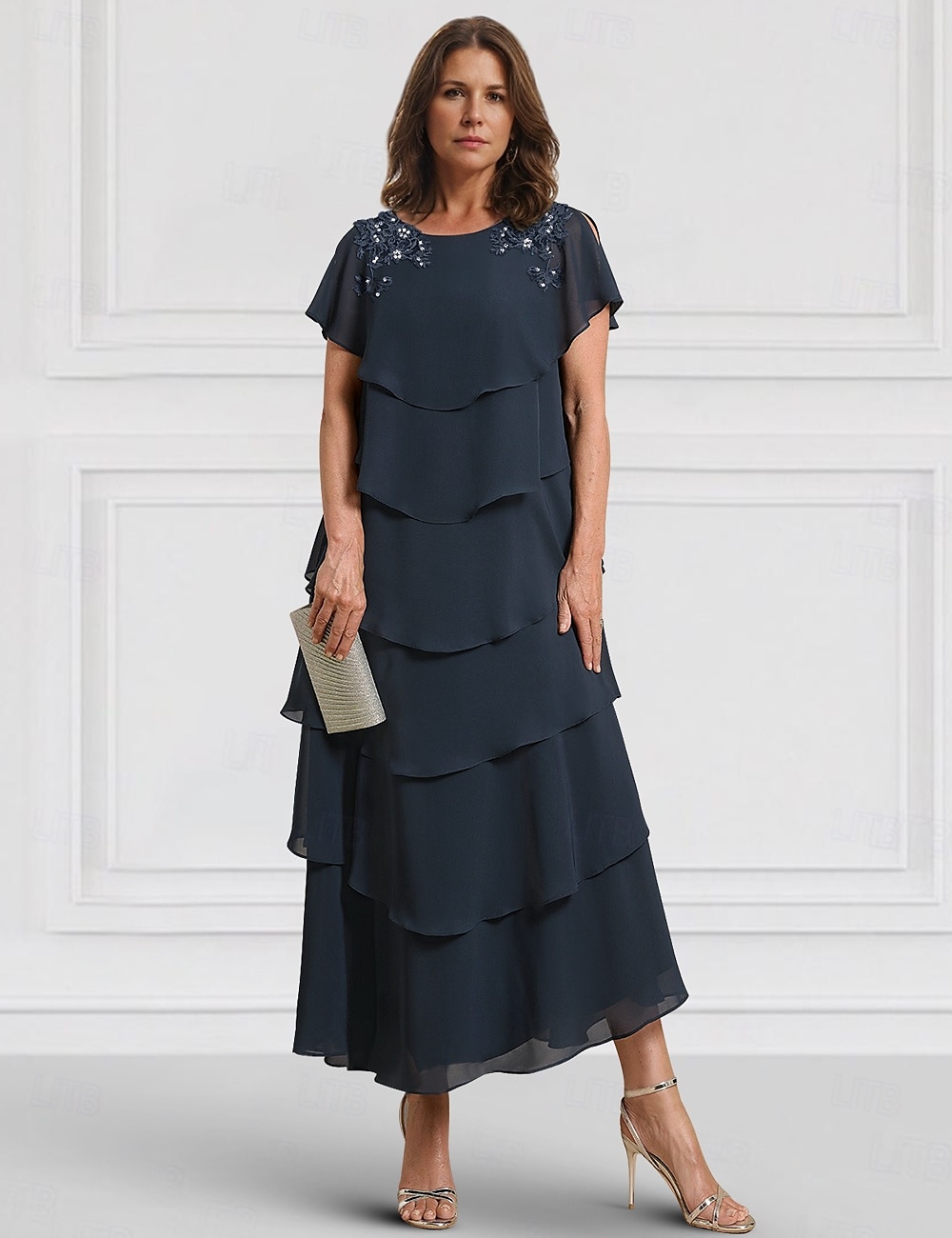 Kék A-vonalú menyasszony anyja ruha esküvői vendég elegáns has elrejtés crew nyak bokáig érő chiffon rövid ujjú csipke réteges esés midi ruha 2025 - $168.99 –P2