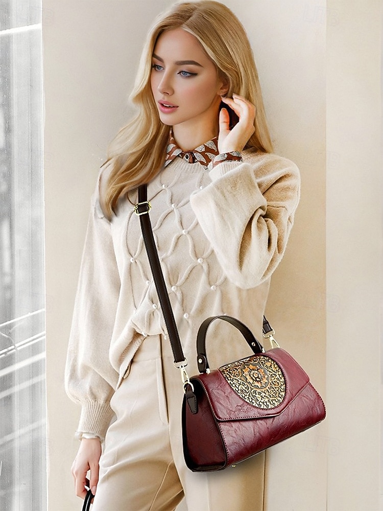 vintage virágos gravírozott műbőr kézitáska – női retro crossbody táska felső fogantyúval alkalmi és hivatalos alkalmakra bor fekete fehér 2025 - $46.99 –P1