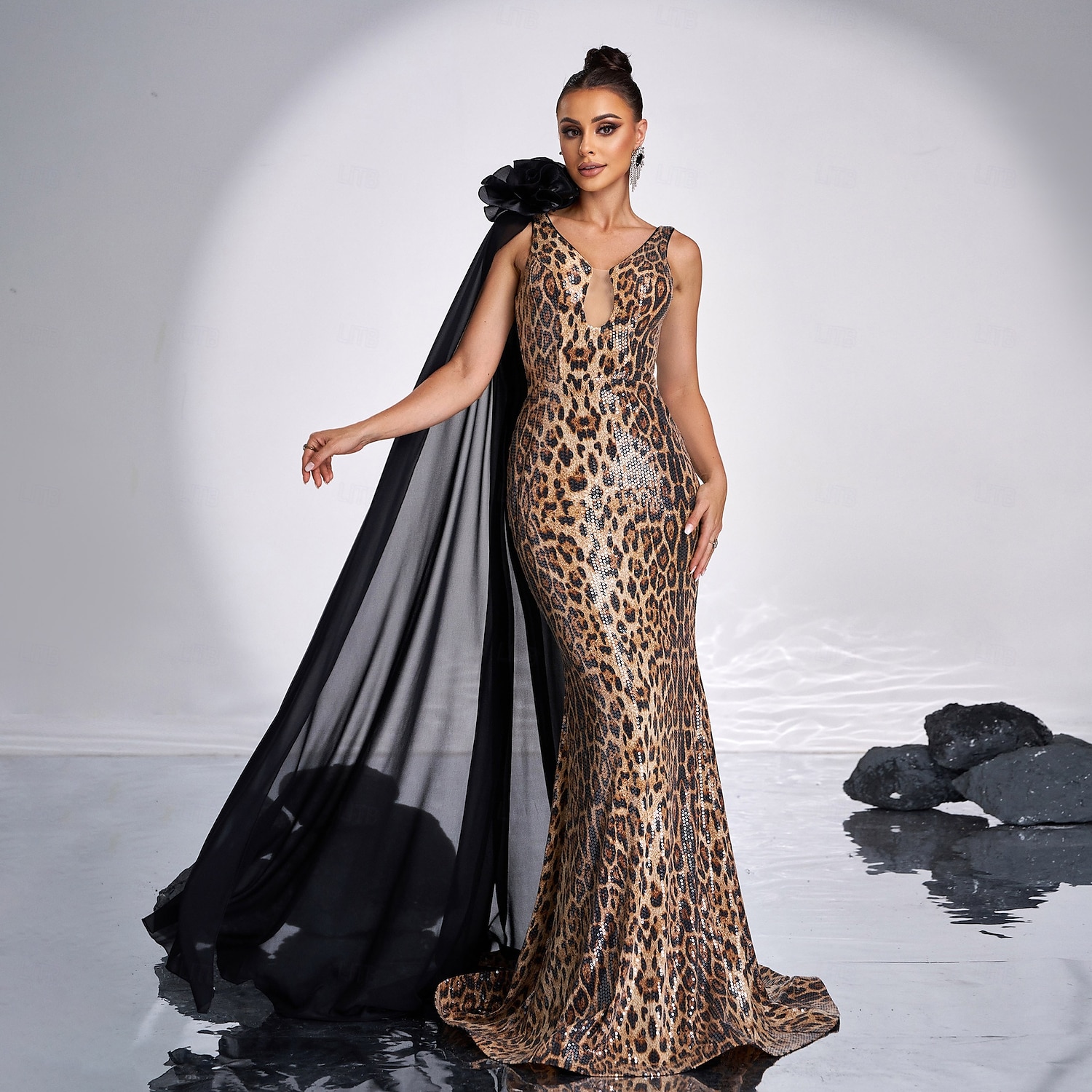 sereia / trompete vestido de noite estampa de leopardo vestido elegante carnaval formal comprimento até o chão sem mangas decote em v poliéster com ombro flor 2025 de 2025 por $128.99 –P1
