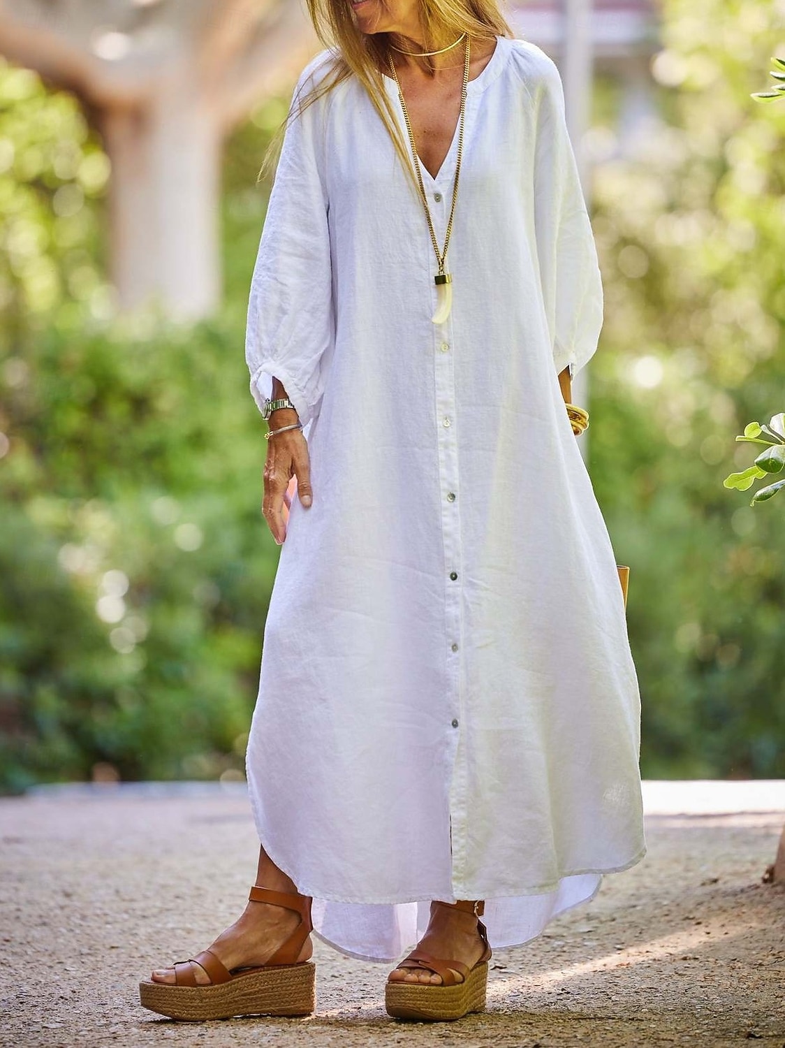 Mujer Vestido maxi Vestidos con tacto de lino Lino de algodón sintético Vestido de cambio Vestido de Camisa Elegante Básico Casual Manga de la linterna Diario Hogar Trabajo Holgado Plano Manga Larga 2026 - $29.99 –P7