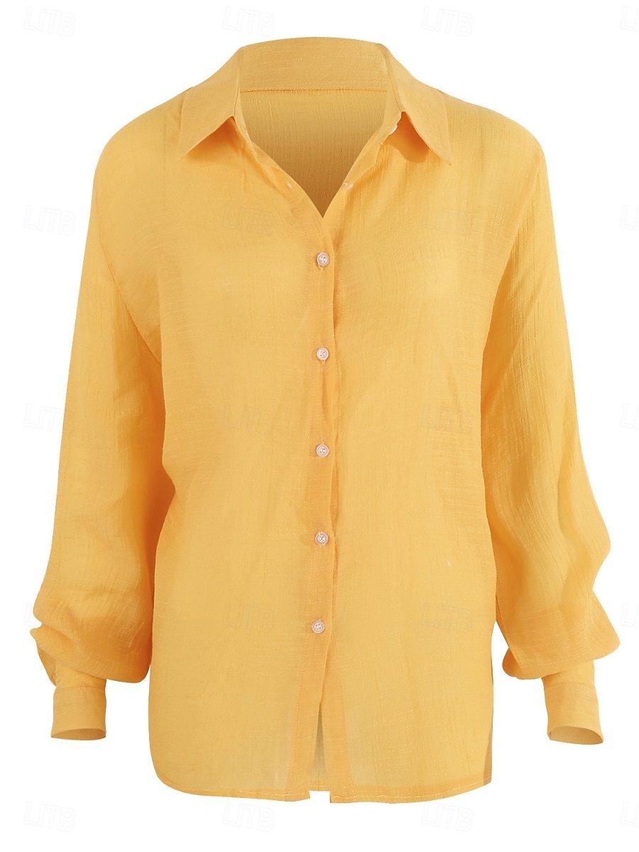 Women's Shirt Cotton Linen Shirts Button Up Blouse Solid Color Basic Casual Long Sleeve Shirt Collar Regular Tops Daily Buttons Yellow Green Summer Spring 2025 - GBP £21.99 –P5