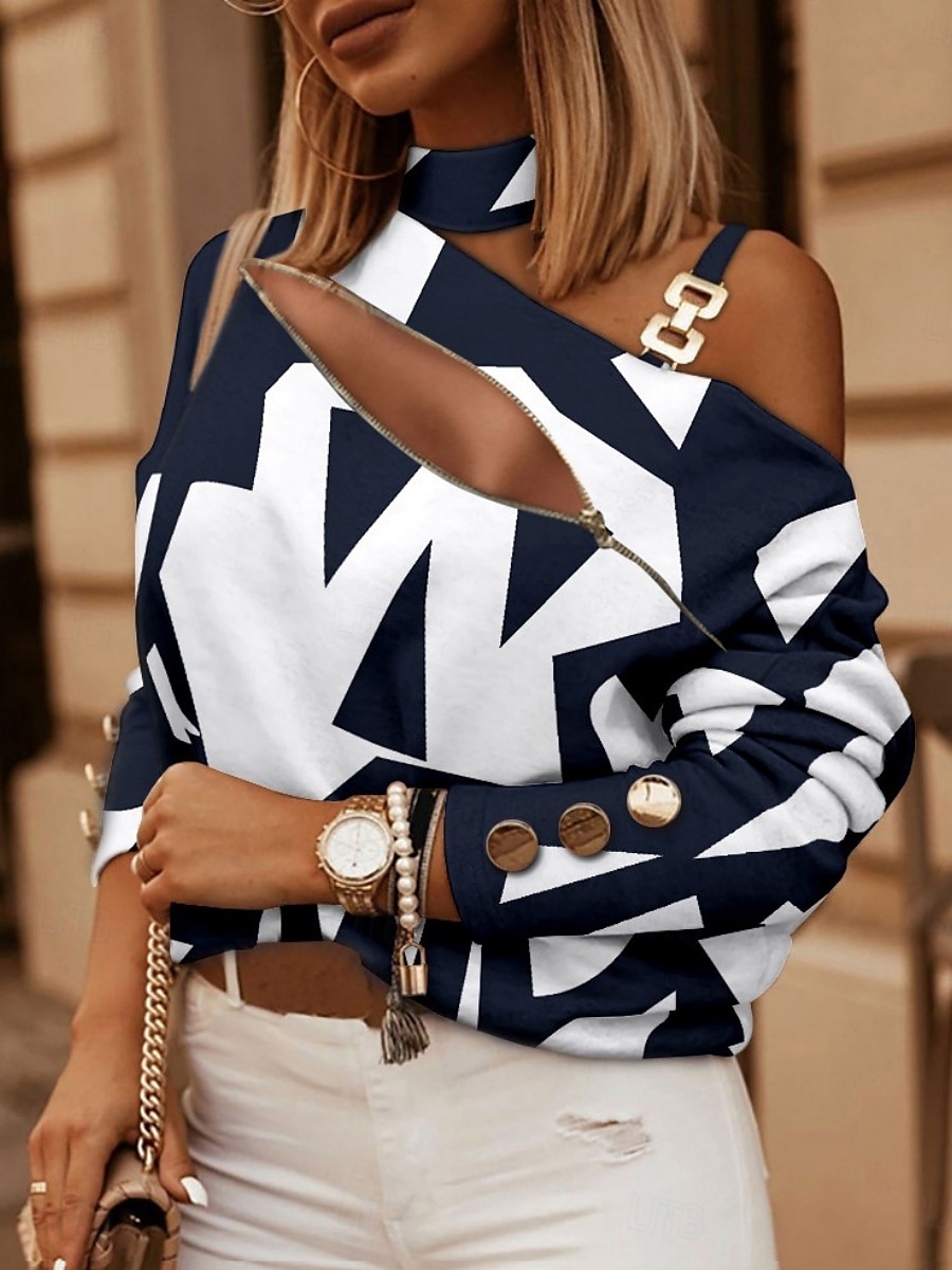 Dame Skjorte Bluse Geometrisk Stilfull Fritid Langermet Asymmetrisk Vanlige topper Daglig Lapper Trykt mønster Hvit Navyblå Kakifarget Grå Sommer Vår 2025 - $32.99 –P4