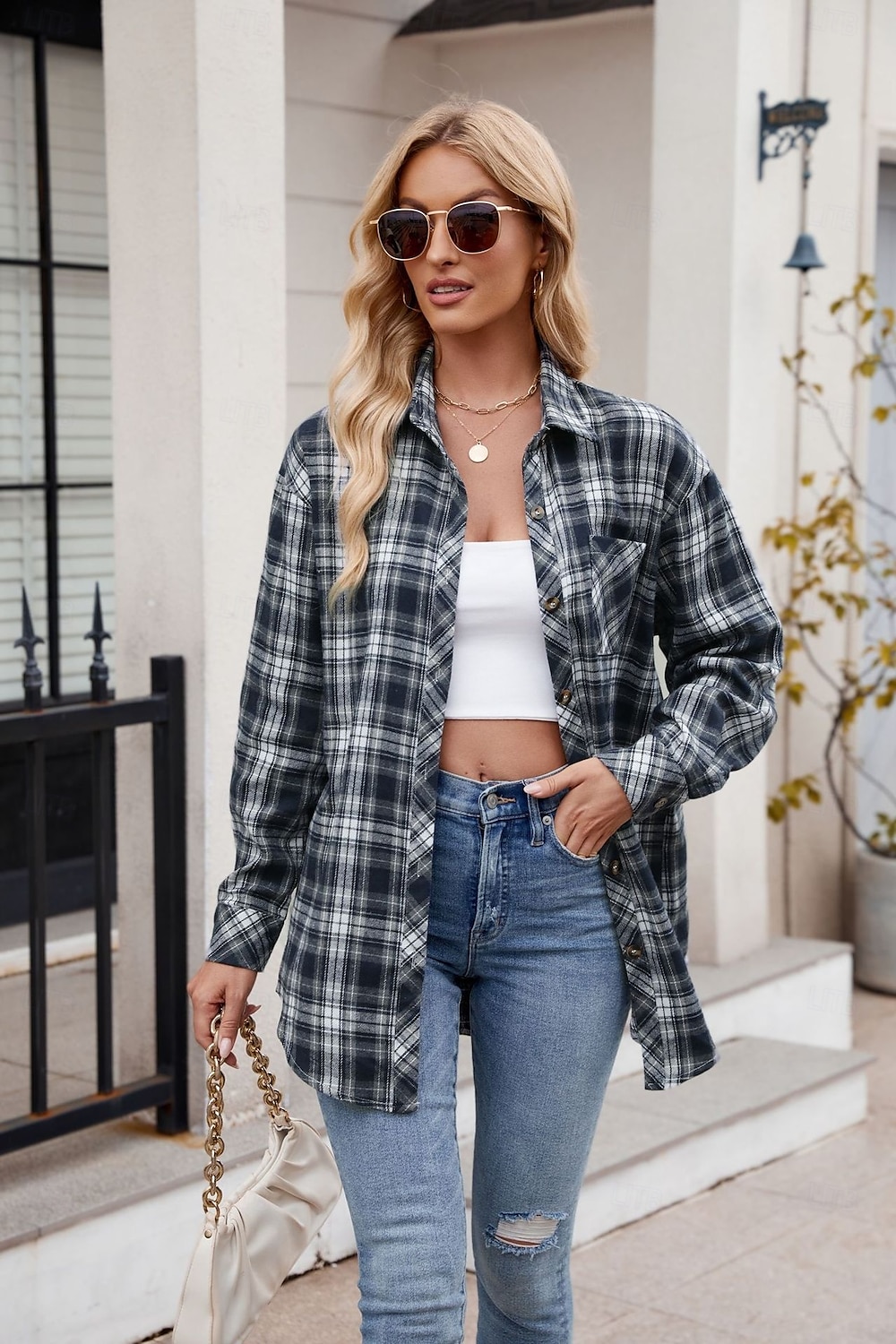 Women's Shirt Boho Shirt Dressy Tops Plaid Casual Boho Long Sleeve Bishop Sleeve V Neck Long Tops Work Daily Going out Pink Dusty Blue Purple Khaki Dark Gray Spring Fall 2025 - $25.99 –P2