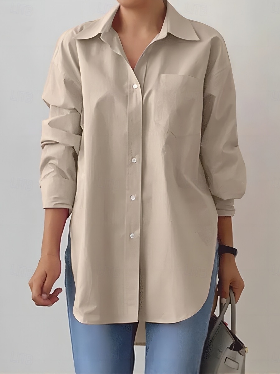 Dame Skjorte Bluse Helfarge Stilfull Fritid Langermet Skjortekrage Vanlige topper Daglig Knapper Hvit Rosa Kakifarget Sommer Vår 2025 - $29.99 –P9