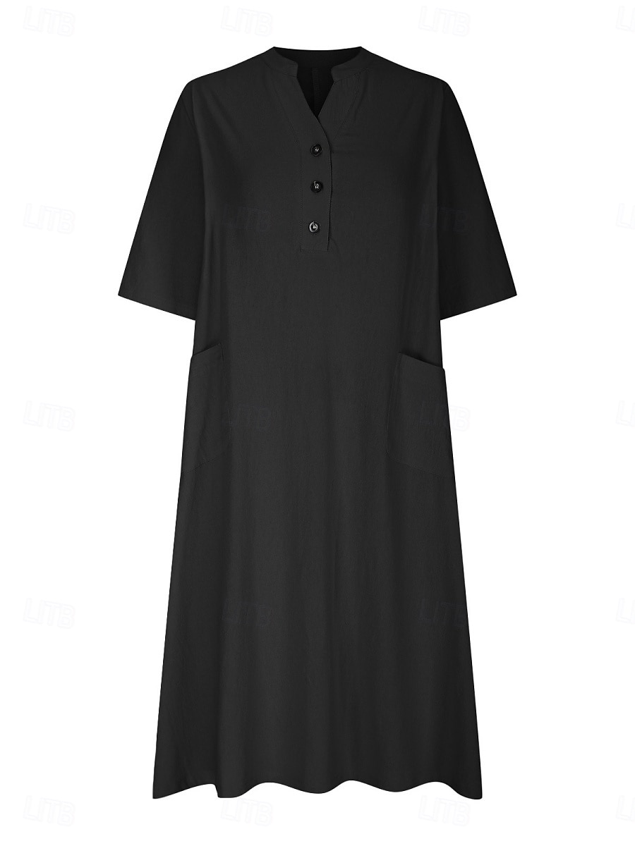 Women's Midi Dress Cotton Linen Dresses Basic Casual Vacation Daily Regular Fit Plain 3/4 Length Sleeve Notched Neck Black Red Purple Light Blue Summer 2025 - $22.99 –P16