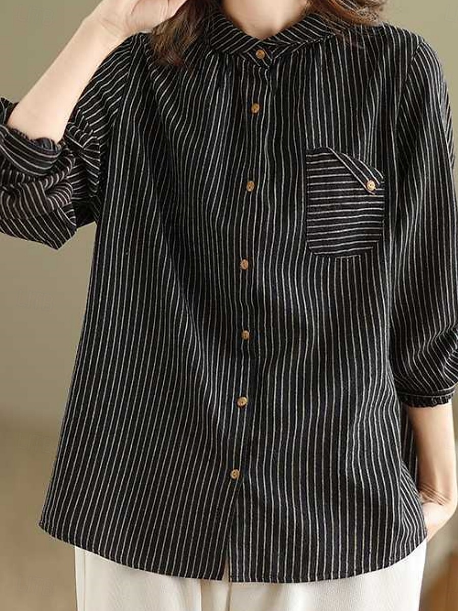 Dames Overhemd Katoenen linnen overhemden Knoop omhoog Blouse Gestreept Stijlvol Casual Lange mouw Overhemdkraag Normale tops Dagelijks Knop Afdrukken Zwart Wit Zomer Lente Herfst 2025 - $25.99 –P9