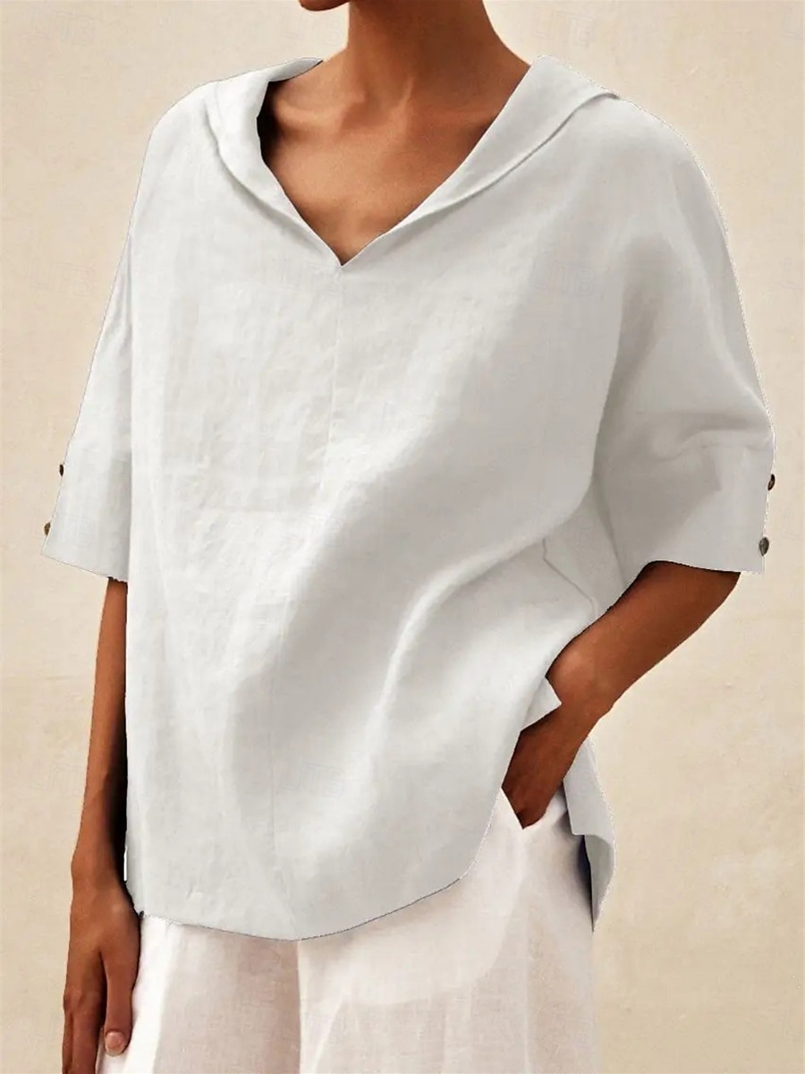 Damen Hemd Bluse Baumwoll-Leinen-Hemden Einfarbig Basic Lässig Dreiviertelarm Mit Kapuze Normale Oberteile Täglich Knöpfe Weiß Blau Sommer 2025 - $29.99 –P2