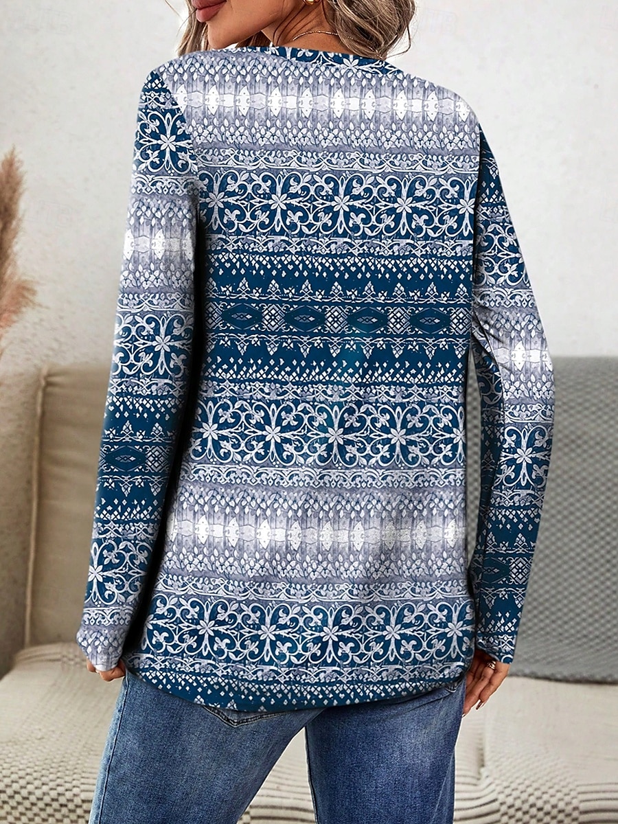 Dam T-shirt Crew Neck Lång Ärmm Tunika Grafisk Geometrisk Lätt Regelbundna Toppar Daglig Tryck Dammig Blå Vår Höst 2025 - HUF 8999 –P2