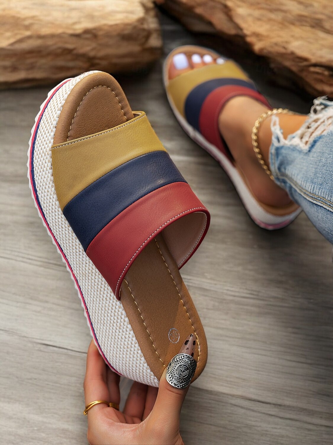 Sandalias de cuña con plataforma multicolor para mujer con punta abierta: zapatos de verano cómodos para salidas informales y vacaciones en la playa 2025 - $32.99 –P6
