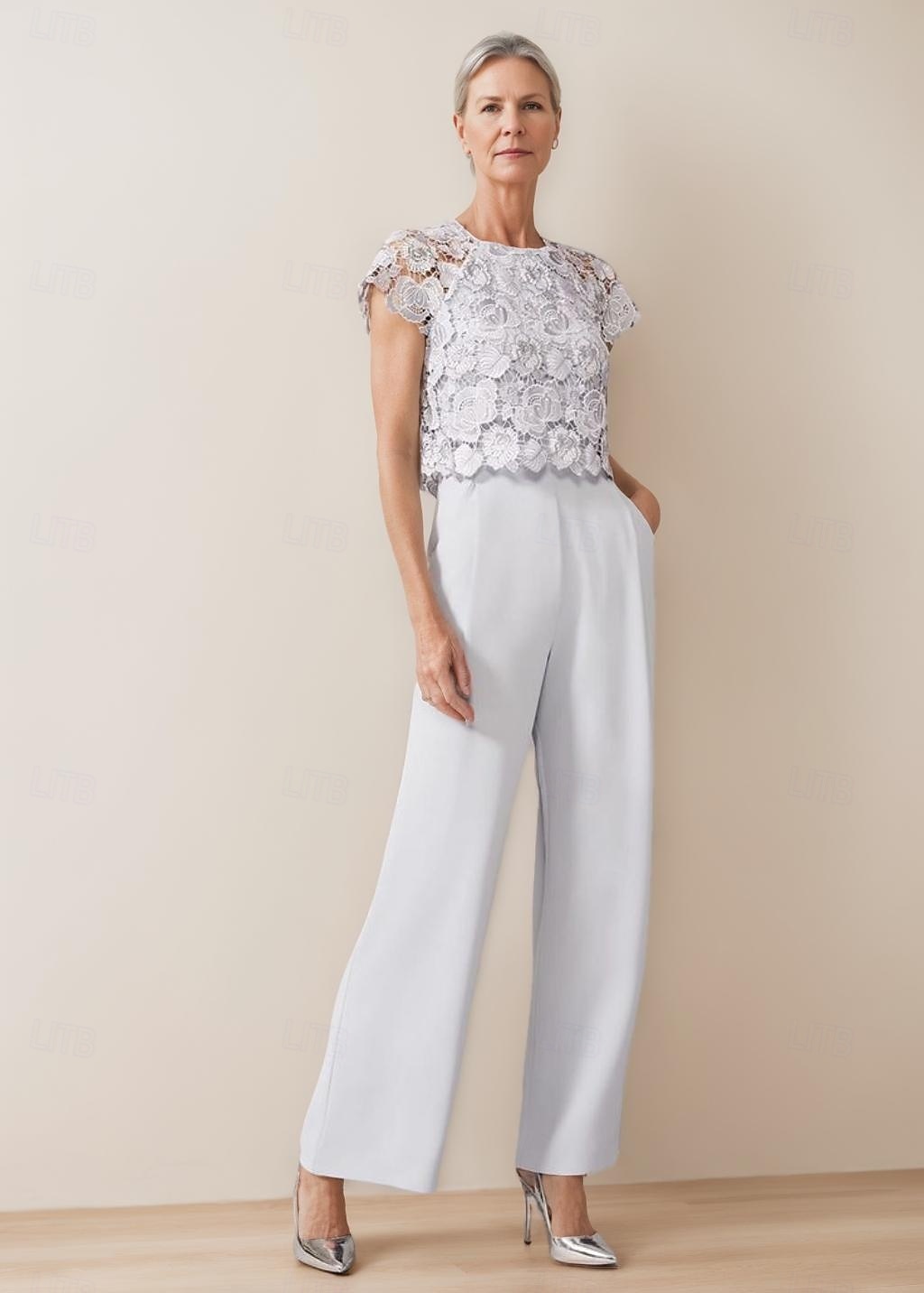 Jumpsuit / Pantsuit Mother of the Bride Pantsuit Scoop Neck Floor Length Crepe Floral Lace Short Sleeve Solid Color 2025 2025 - $168.99 –P1