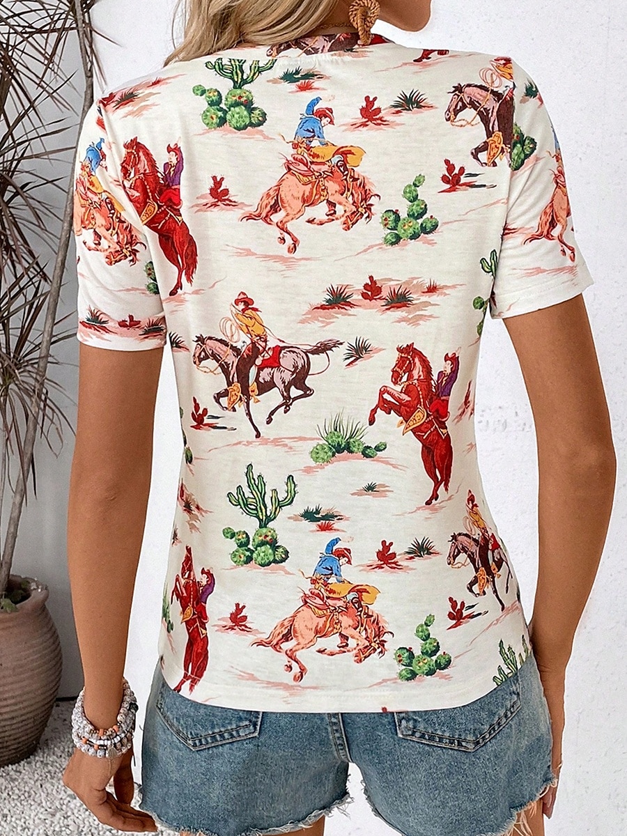 Women's T Shirt Horse Casual Short Sleeve Round Neck Regular Tops Daily Print off-white Summer 2025 - $19.99 –P2