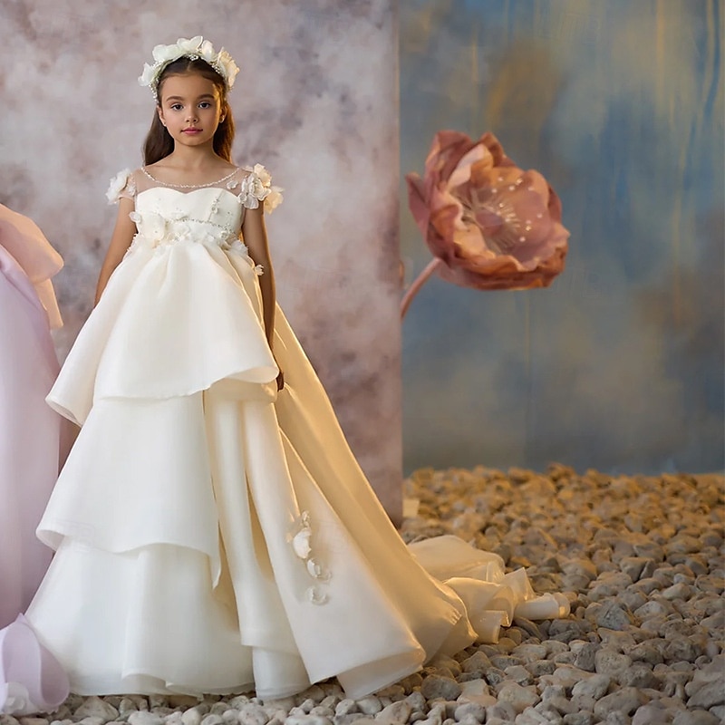 Šaty pro květinovou družičku Dívčí Formální šaty Šaty pro první přijímání Šaty na párty Svatební Párty Princeznovské Sladký Vánoce Karneval Nabírané šaty Pevná barva Bez ramínek Tričkový Bílá Fialová 2025 - $104.99 –P2
