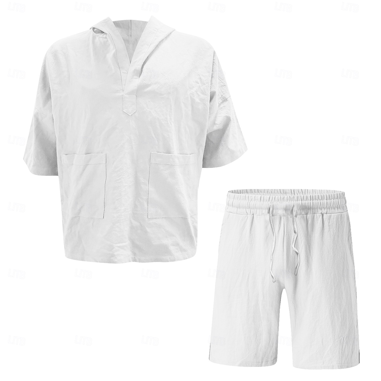 Men's Linen Set Shorts and T Shirt Set 2 Pieces Outfits Short Sleeve Hooded Summer Solid Color Beach Wear Casual 2 Piece Front Pocket Vacation Casual Black Pink White Top Tee for Men 2025 - $26.99 –P10