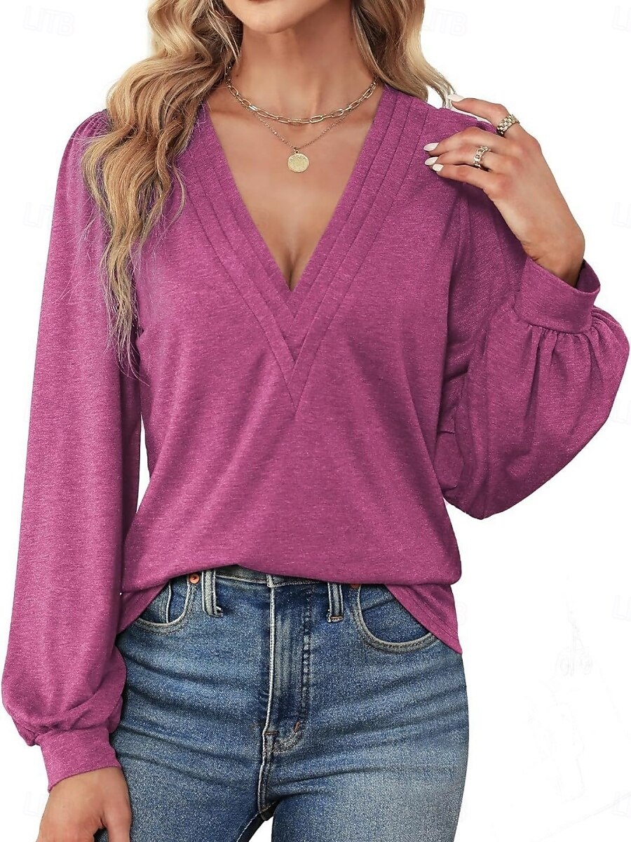 Femme Chemise Chemisier Couleur unie mode Décontractées manche longue Col V Hauts réguliers du quotidien Fuchsia Vert Eté Printemps de 2025 ? $28.99 –P1