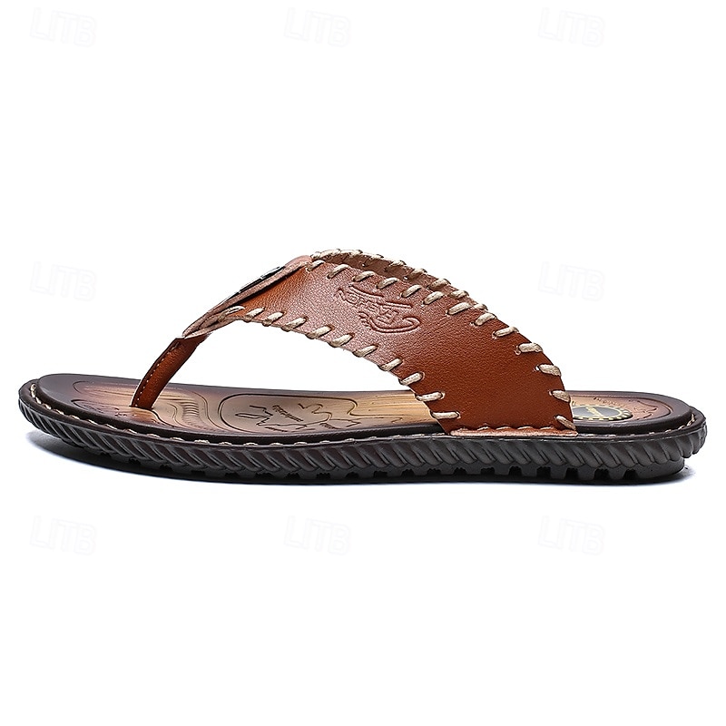 Chanclas vintage de piel sintética marrón para hombre: sandalias de verano con punta abierta hechas a mano con suela antideslizante para playa, viajes y uso informal 2025 - $29.99 –P4