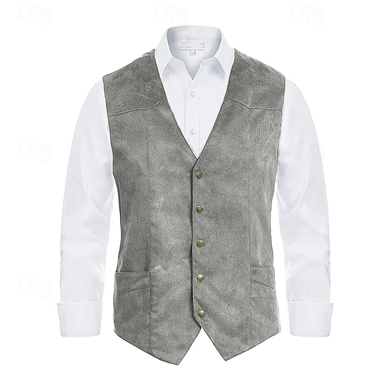 Homme Gilet en daim Usage quotidien Vacances Sortie Style vintage Chic et moderne Printemps & Automne Bouton Polyester Confortable Plein Boutonnage Simple Col V Standard Noir Marron Café Gris Gilet de 2025 ? $39.99 –P9