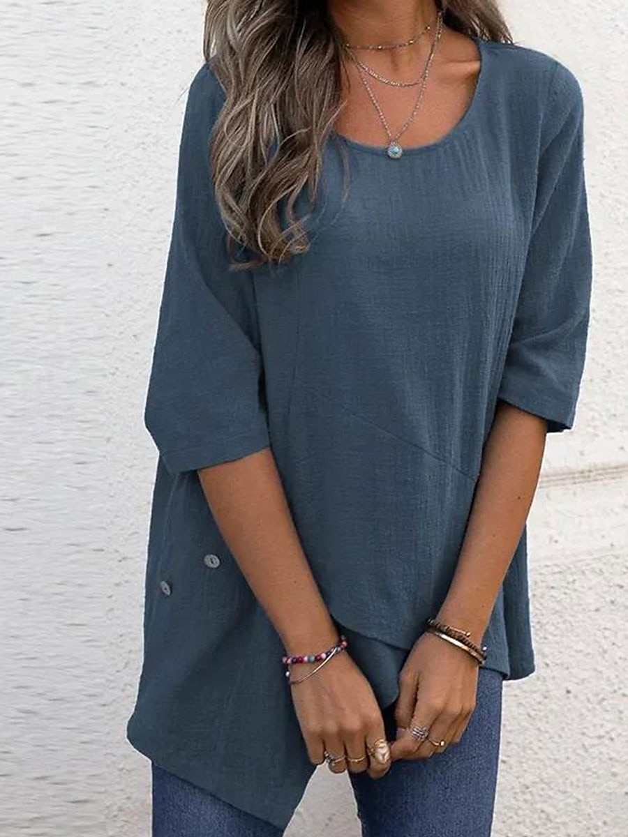Women's Blouse Solid Color Elegant Stylish Casual Short Sleeve Crew Neck Regular Tops Work Daily Going out Asymmetric Hem Dusty Blue Gray Summer Spring 2025 - $26.99 –P3
