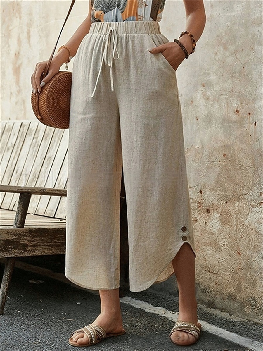 Dam Kinesiska Mode Streetwear Ankellång Hög midja Slät Snörning Ficka Bekväm Mjuk Microelastisk Utomhus Gata Marin Svart Mandel Armégrön Sommar Vår Lös passning 2026 - $18.99 –P1