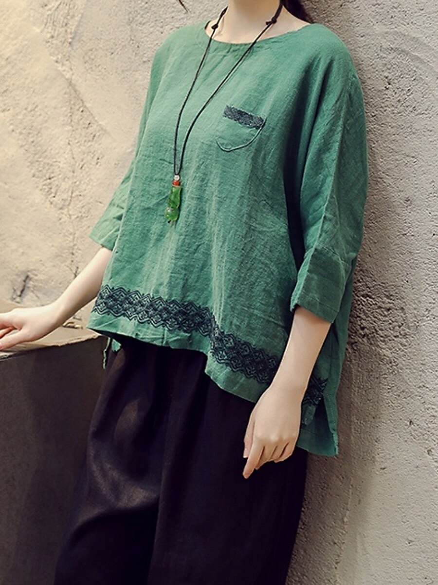 Damen Hemd Bluse Baumwoll-Leinen-Hemden Geometrisch Basic Lässig Dreiviertelarm Rundhalsausschnitt Normale Oberteile Täglich Patchwork Weiß Braun Grün Sommer Frühling 2025 - $21.99 –P8