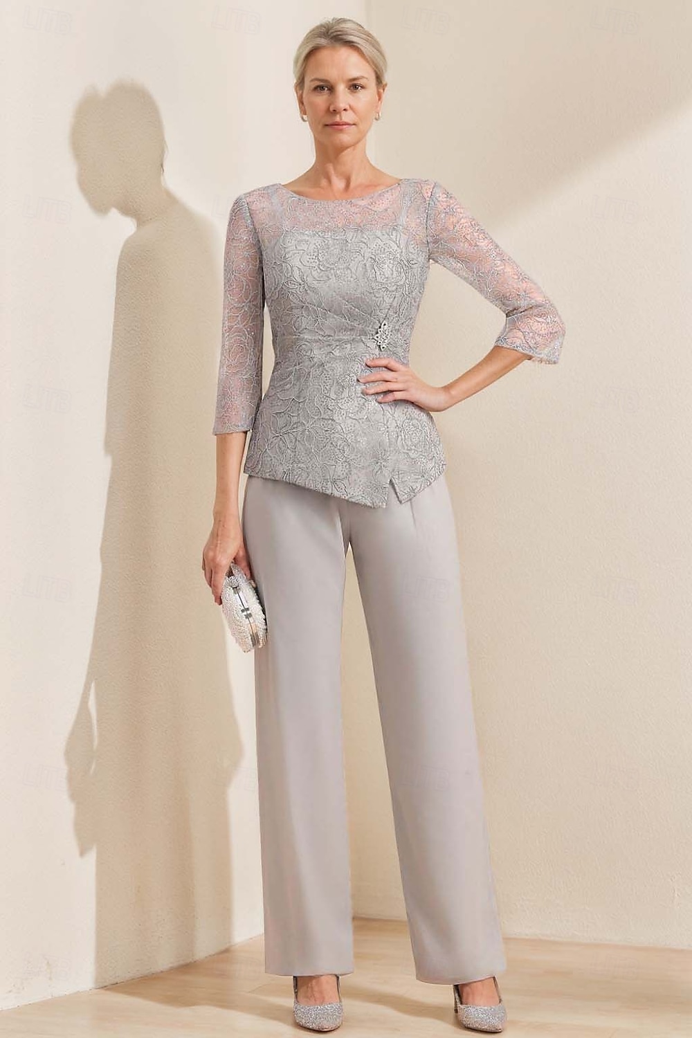 Jumpsuit / Pantsuit Mother of the Bride  Elegant Simple Jewel Neck Ankle Length Chiffon Lace 3/4 Length Sleeve Wrap Included with Pleats Beading Solid Color 2025 - $180.99 –P1