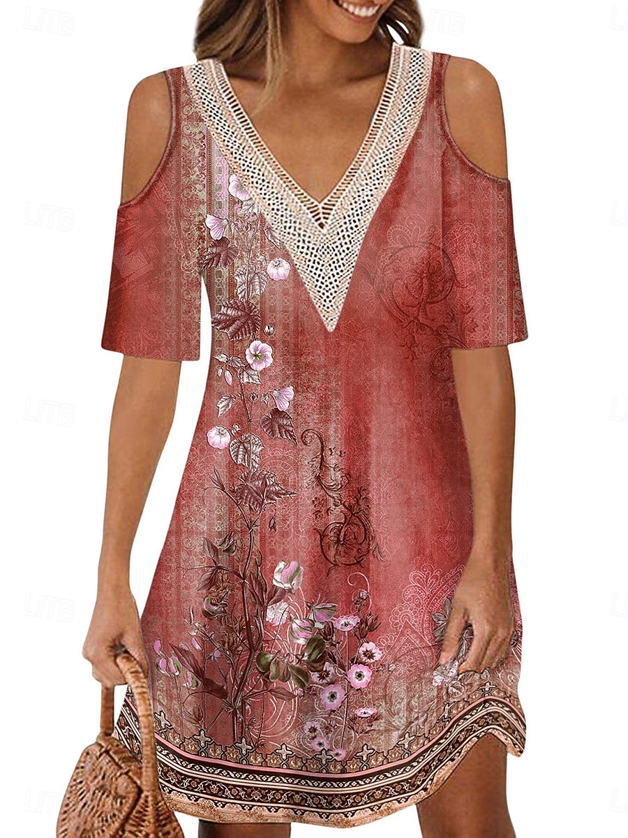 Dame Lang kjole Maxikjole Kjole med A-linje Boho-kjole Elegant Stilfull Fritid Feriereise Daglig Normal Blomstret Kortermet V-hals Rød Blå Lilla Grønn Sommer Vår 2025 - $21.99 –P10