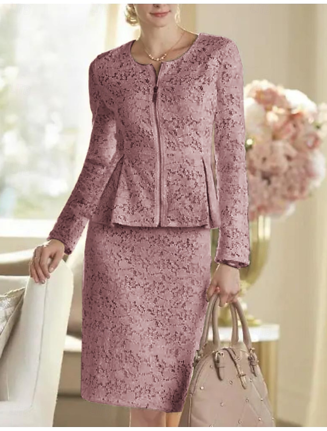 Abito a due pezzi madri della sposa abito ospite di matrimonio elegante festa scollo a barca lunghezza al ginocchio pizzo maniche lunghe giacca inclusa con abito da corsa a tinta unita taglia su del 2025 a $172.99 –P4