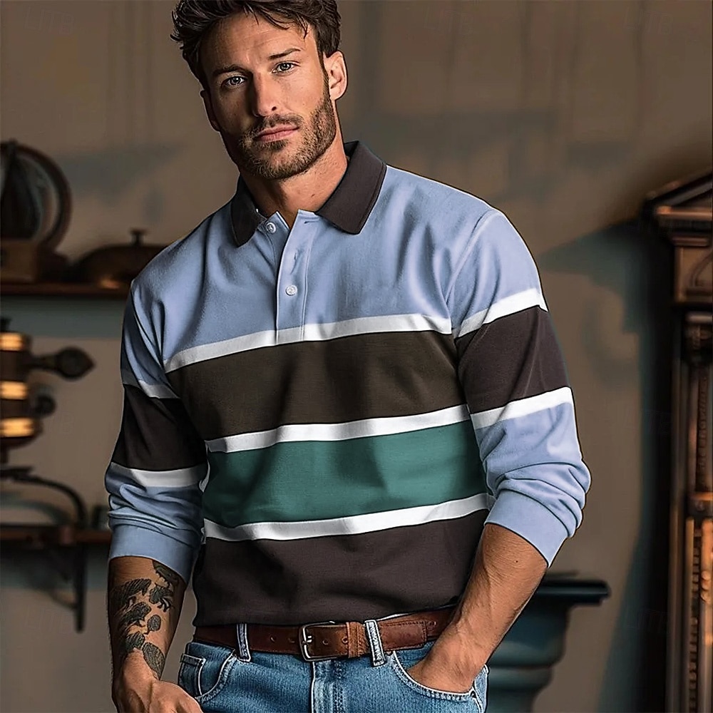 Homme Rayures Polo de rugby manche longue Polos Chemises à Col Occasionnel Extérieur Athleisure Impression 3D Printemps Automne Hiver Jaune Bleu Vert de 2025 ? $27.99 –P2