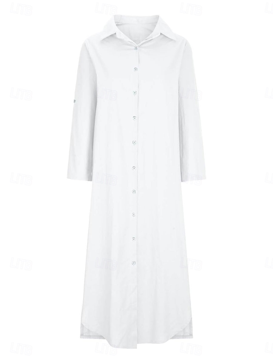 Women's Maxi Dress Linen-Inspired Dresses Elegant Vintage Stylish Vacation Daily Date Loose Fit Plain Long Sleeve Shirt Collar White Orange Spring Fall 2025 - $32.99 –P6