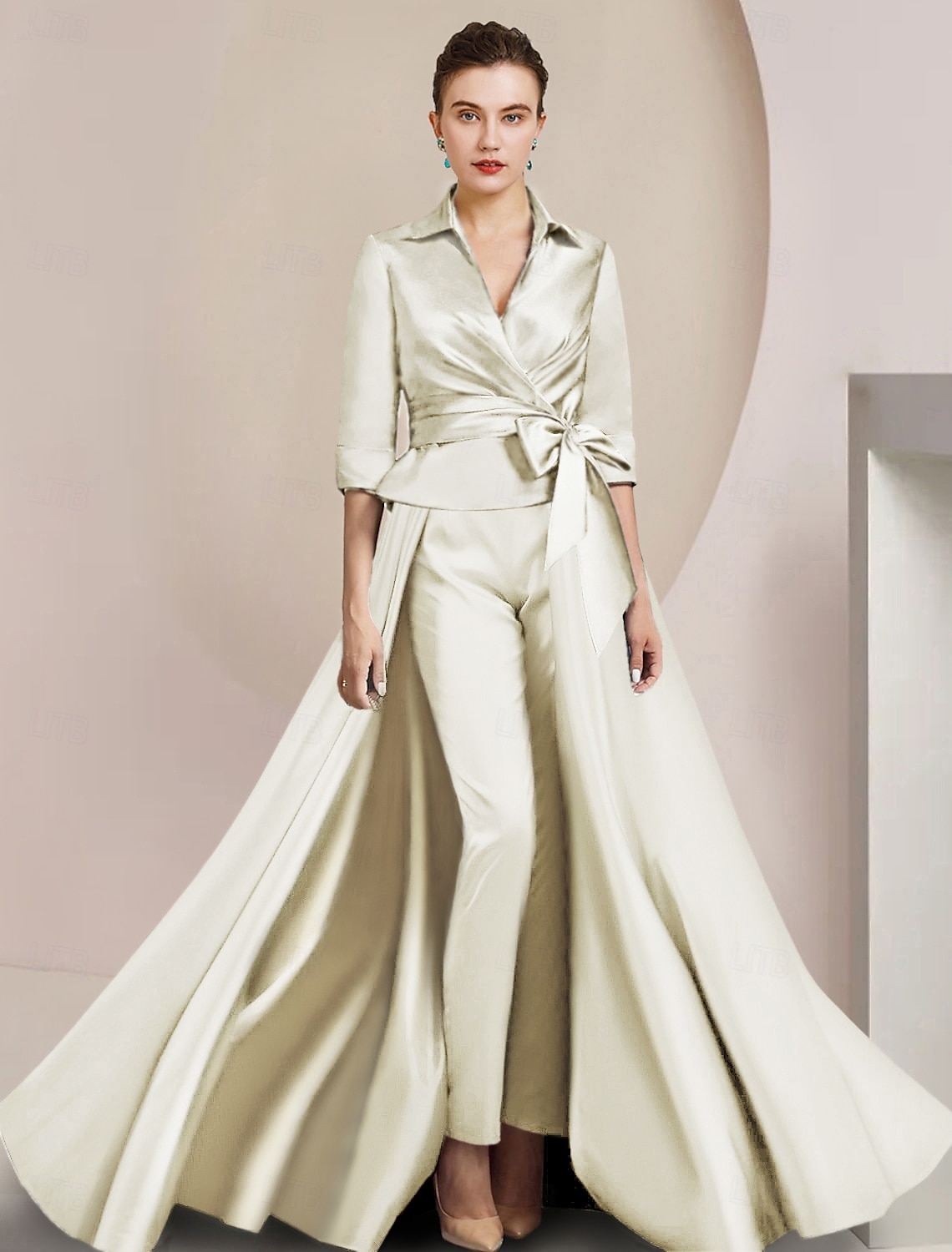 To-delt jumpsuit/buksedress mor til bruden formell bryllupsgjest elegant skjortekrage ankel lengde sateng halv erme med sløyfe(r) gratis tilpasset størrelse 2025 - $196.99 –P6