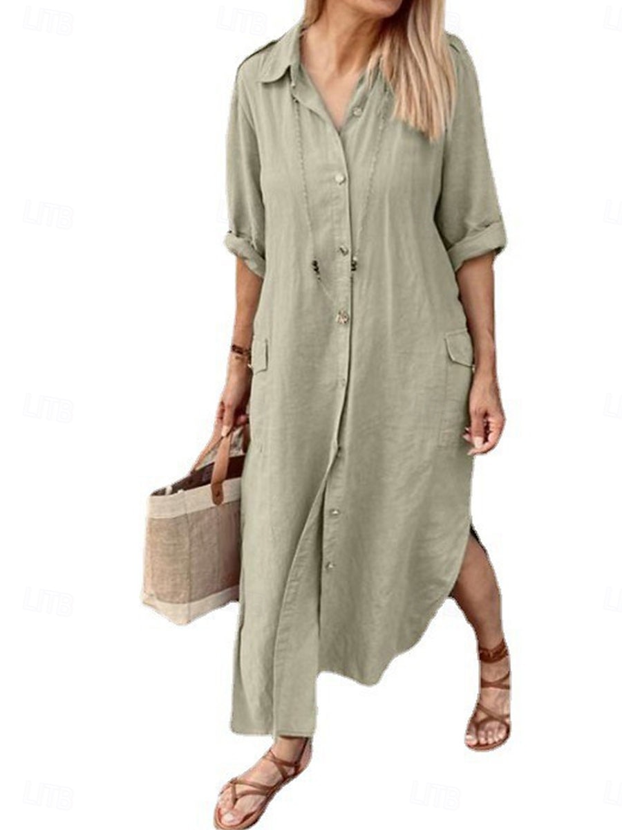 Жен. Длинное платье Платья из хлопка и льна Повседневное платье Элегантный стиль Стиль Классический Отпуск Повседневные Свидание Свободное облегание Полотняное плетение Длинный рукав 2025 - $36.99 –P10