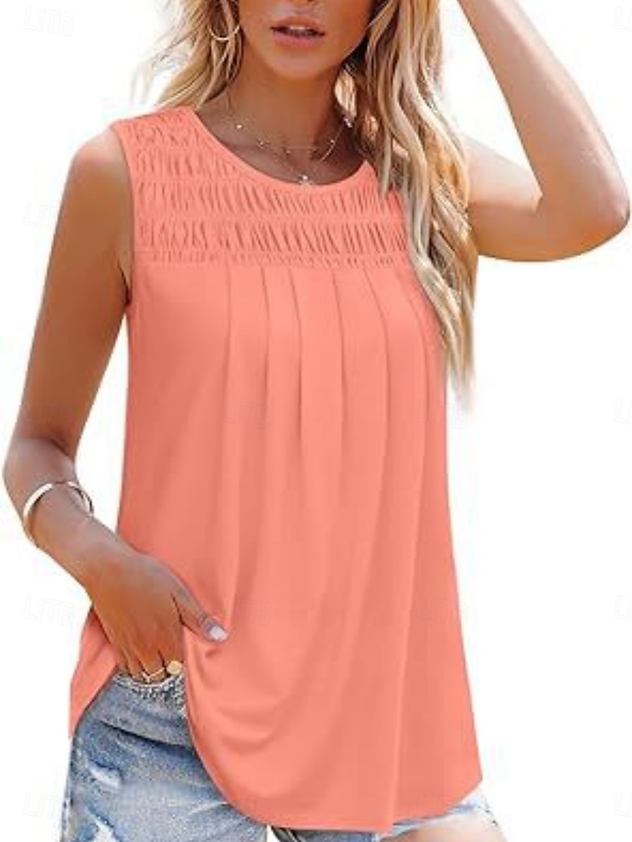 Dames Blouse Effen Kleur Basic Casual Mouwloos Strakke ronde hals Normale tops Dagelijks Met ruches Wit Blozend Roze Zomer 2025 - $22.99 –P4
