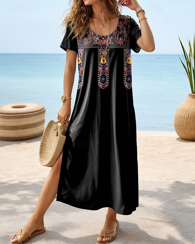 Robe Maxi Femme Robe Décontractée Robe T-shirt Robe Tee Robe d'été Bohémienne Rendez-vous Coupe Régulière Géométrique Manches Courtes Col Rond Noir Gris Foncé Été de 2025 ? $23.99 –P2