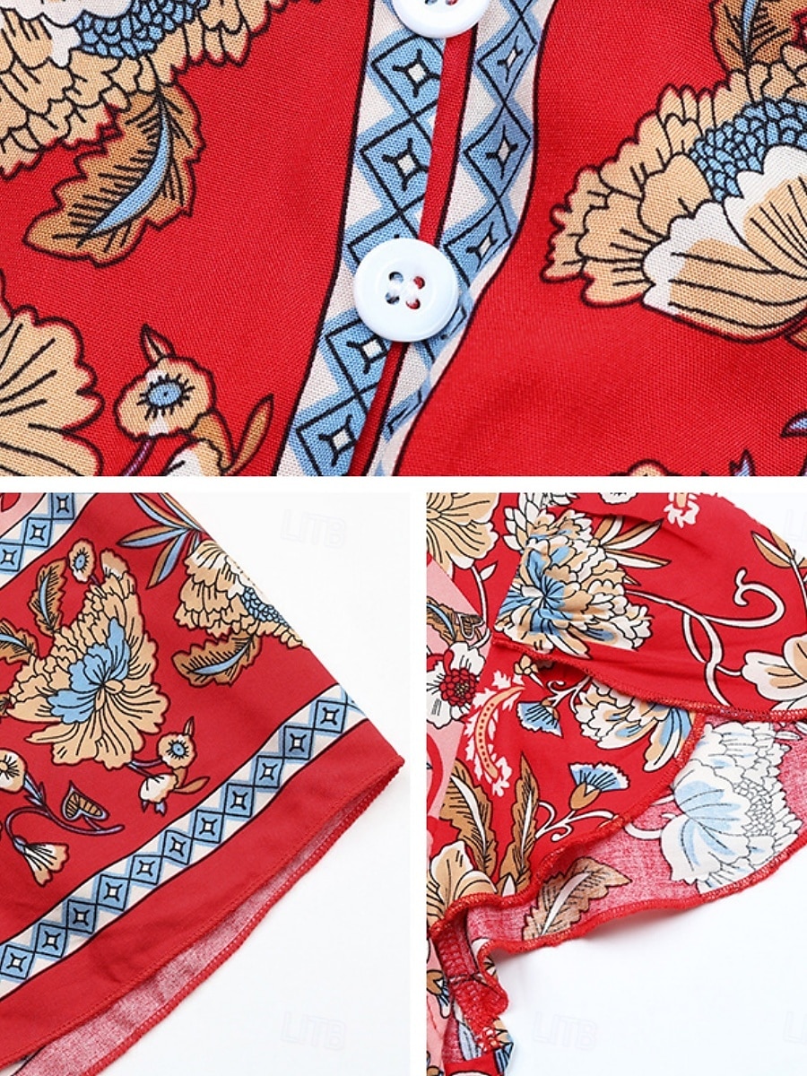 Dam Maxiklänning Vardagsklänning Swingklänning Boho Chic klänningar A linjeklänning bohemliv Stylish Ledigt Semester Dagligen Strand Lös passning Blommig Kortärmad V-hals Svart Rubinrött Sommar Vår 2025 - $33.99 –P7