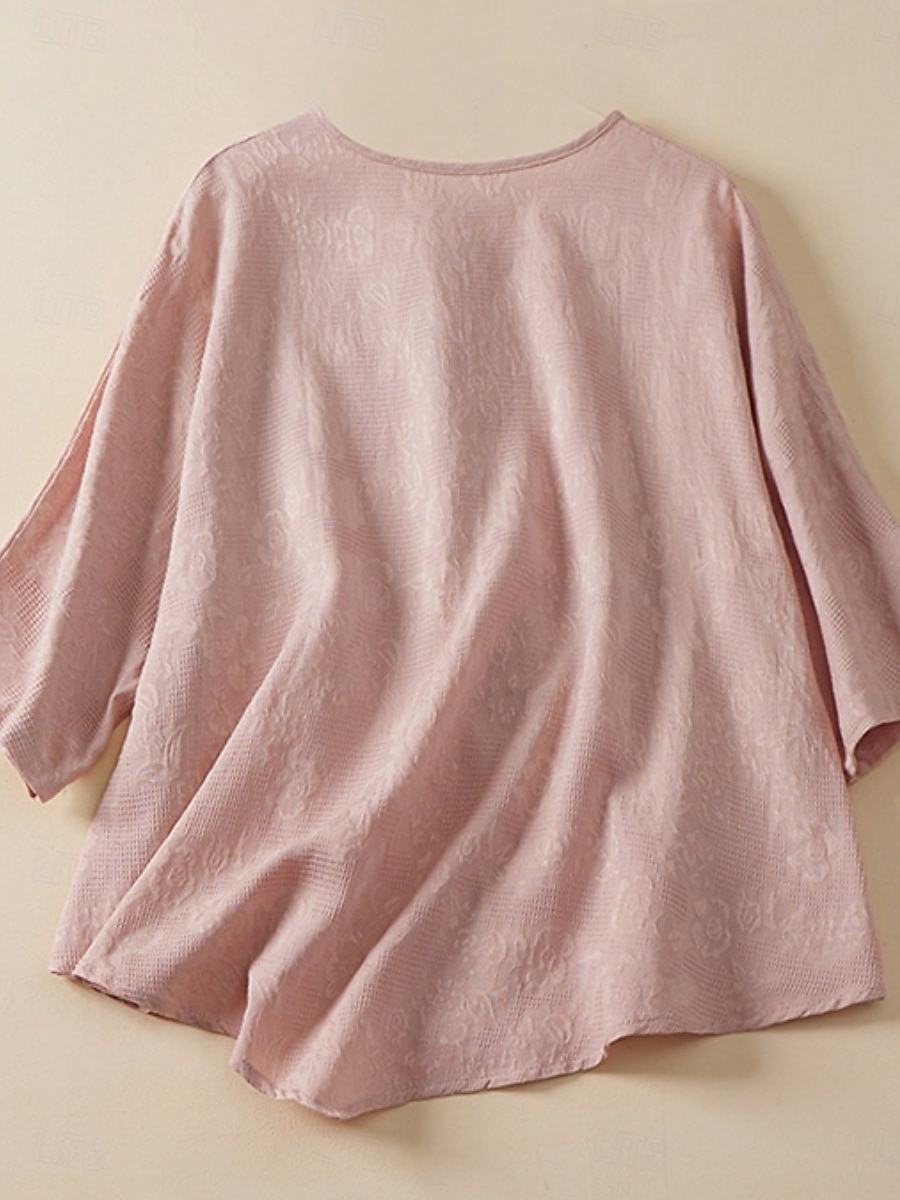 Femmes Chemise Chemisier Chemises en coton et lin Couleur Unie Basique Occasionnel Manche 3/4 Col ras du cou Hauts Réguliers Quotidien Boutons Rose Claire Bleu Été de 2025 ? $29.99 –P2