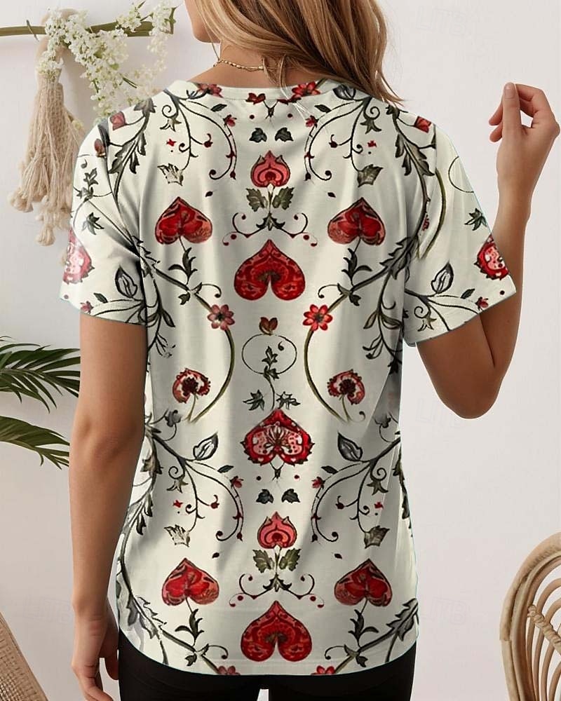 Dame T skjorte Blomstret Fritid Kortermet Rund hals Vanlige topper Daglig Trykt mønster matt-hvit Sommer 2025 - $19.99 –P2