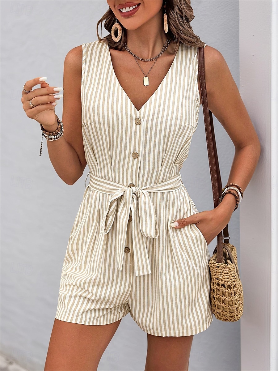 Femme Normal Combishort Actif Rayé Sans Manches Col V Boutons Poche Vacances du quotidien Ample Kaki Bleu clair Eté de 2025 ? $31.99 –P1