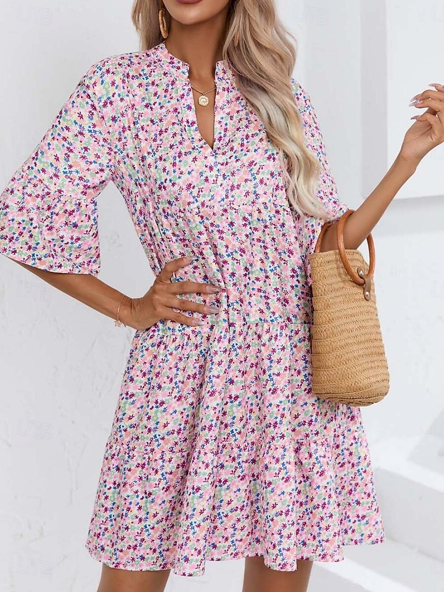 Damen Minikleid Casual kleid Boho Chic Kleider A Linie Kleid Boho-Kleid Böhmen Vintage Urlaub Täglich Regular Fit Blumen 3/4 Ärmel Gekerbter Hals Rosa Blau Sommer 2025 - $25.99 –P14