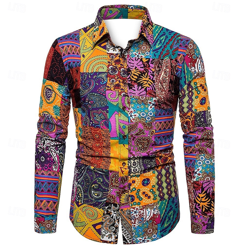 Herren Geometrisch Hemd Boho-Hemd Knopfhemd Langarm Designer Boho Party Kragen Hemdkragen Druck Schwarz Rosa Purpur Grün 2025 - $24.99 –P1