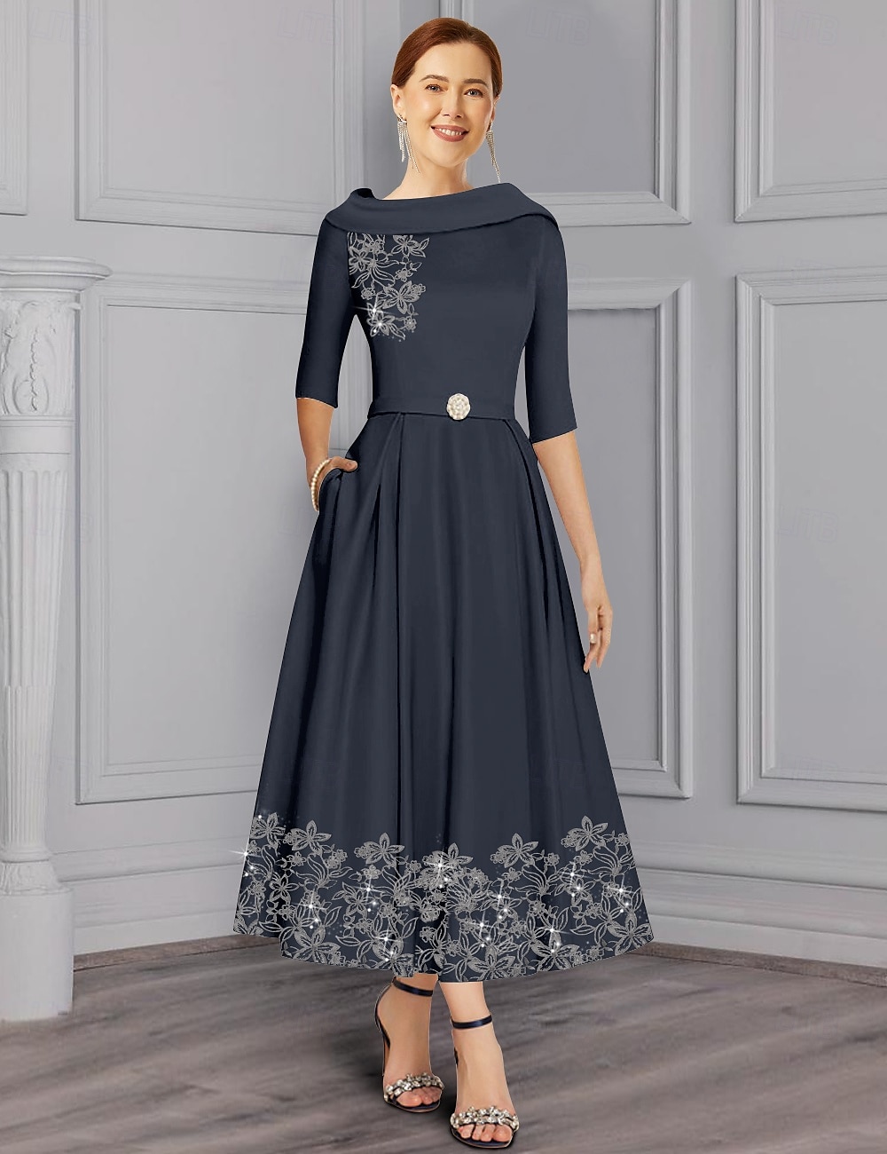 A-Line Dress Mother of the Bride Dress Elegant Simple V Neck Ankle Length Tea Length Satin 3/4 Length Sleeve with Lace Ruched Sequin Race Day Dress 2025 - $158.99 –P1