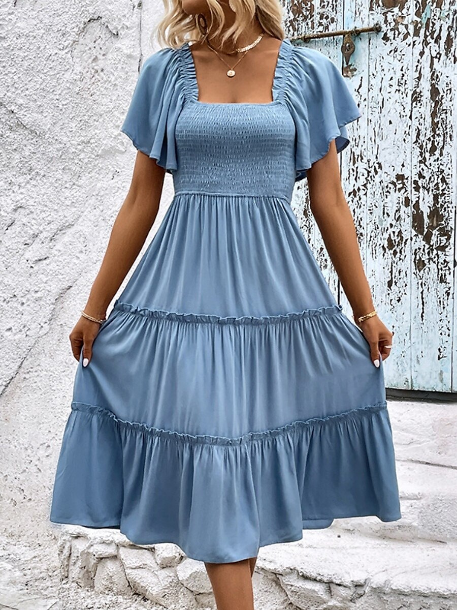 Damen Midikleid Casual kleid Schaukelkleid A Linie Kleid Stilvoll Basic Brautkleider schlicht Urlaub Täglich Regular Fit Glatt Kurzarm Quadratischer Ausschnitt Blau Sommer 2025 - $44.99 –P1