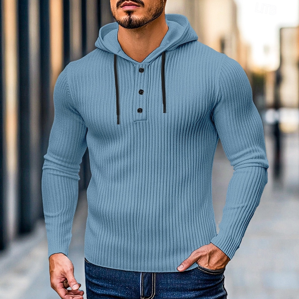 Herr Ribbstickad t-shirt T-tröja Långärmad tröja Långärmad Huva Henley Vår & Höst Ensfärgat Dagligen Ledigt Gatustil Huva Utomhus Gata Casual Ljusblå Svart Vit Topp t-shirt för män 2025 - $22.99 –P6